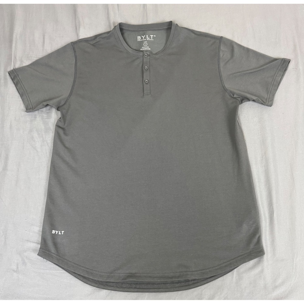 BYLT Basics LUX Mens Large Charcoal Gray Blade Collar Polo Shirt Curved Hem